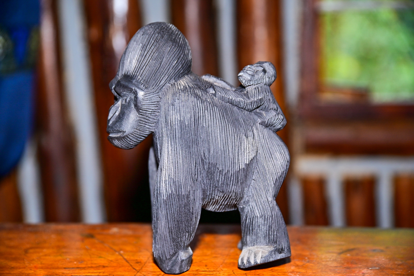 Mother Gorilla with Baby on Back – Wooden Carving